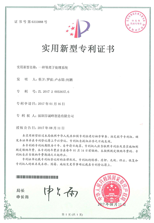 一種等離子處理系統(tǒng)專利證書(shū)